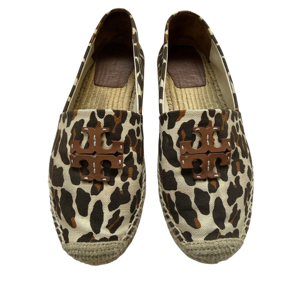 Tory Burch Leopard Print Canvas Espadrille Flats Brown Tan Women Size 8